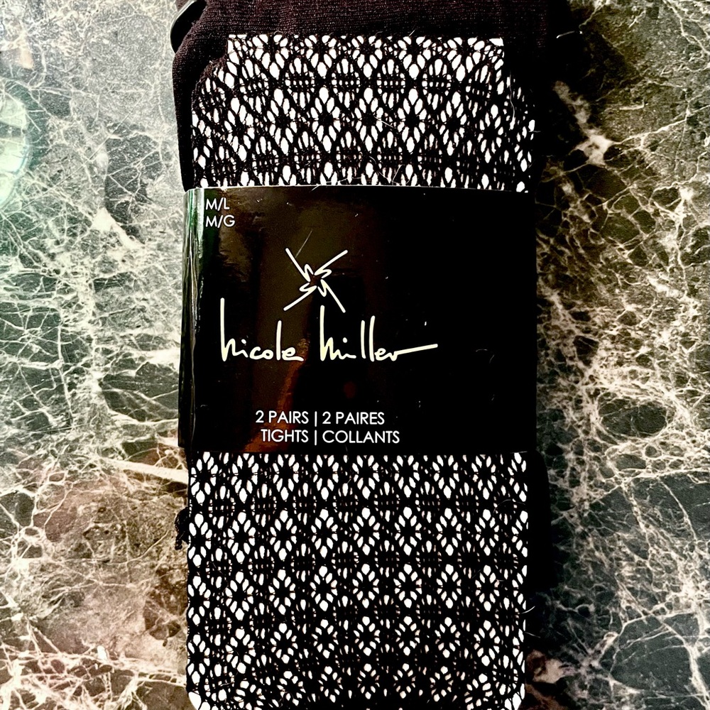 NWT~Nicole Miller~2 Pair Stockings~Include 1 Fishnet and 1 Plain Black~Size M/L